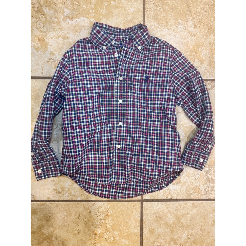 Ralph Lauren Kids Plaid Button Down Shirt Navy Red Yellow Natural Stretch 4/4T